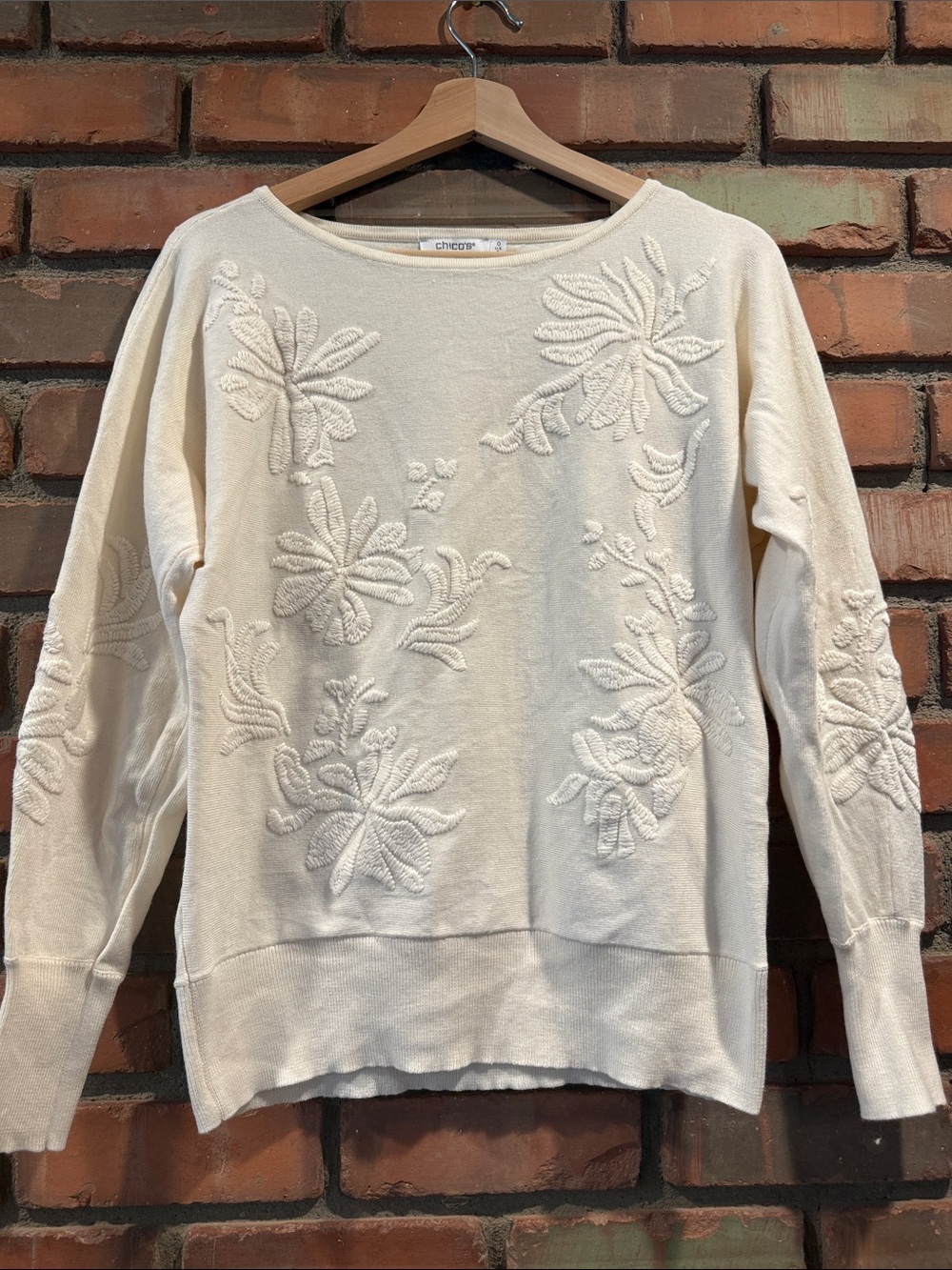 Chico's Cream Textured Floral Knit Sweatshirt